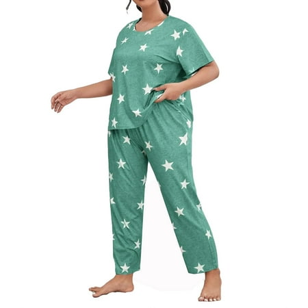 

Womens Plus Pajamas Sets Geometric Print Pant Sets Sleepwear PJ Set Green 4XL