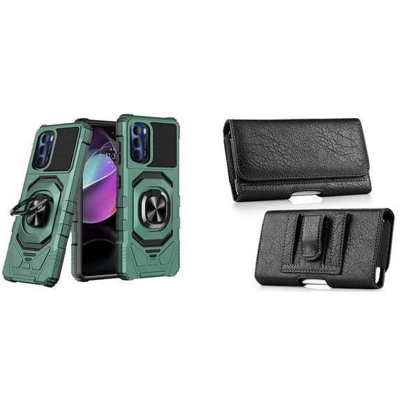 Case with Belt Holster Bundle for Moto G 5G 2022: Heavy Duty Shield Cover (Midnight Green) and Coin Card Wallet Phone Pouch
