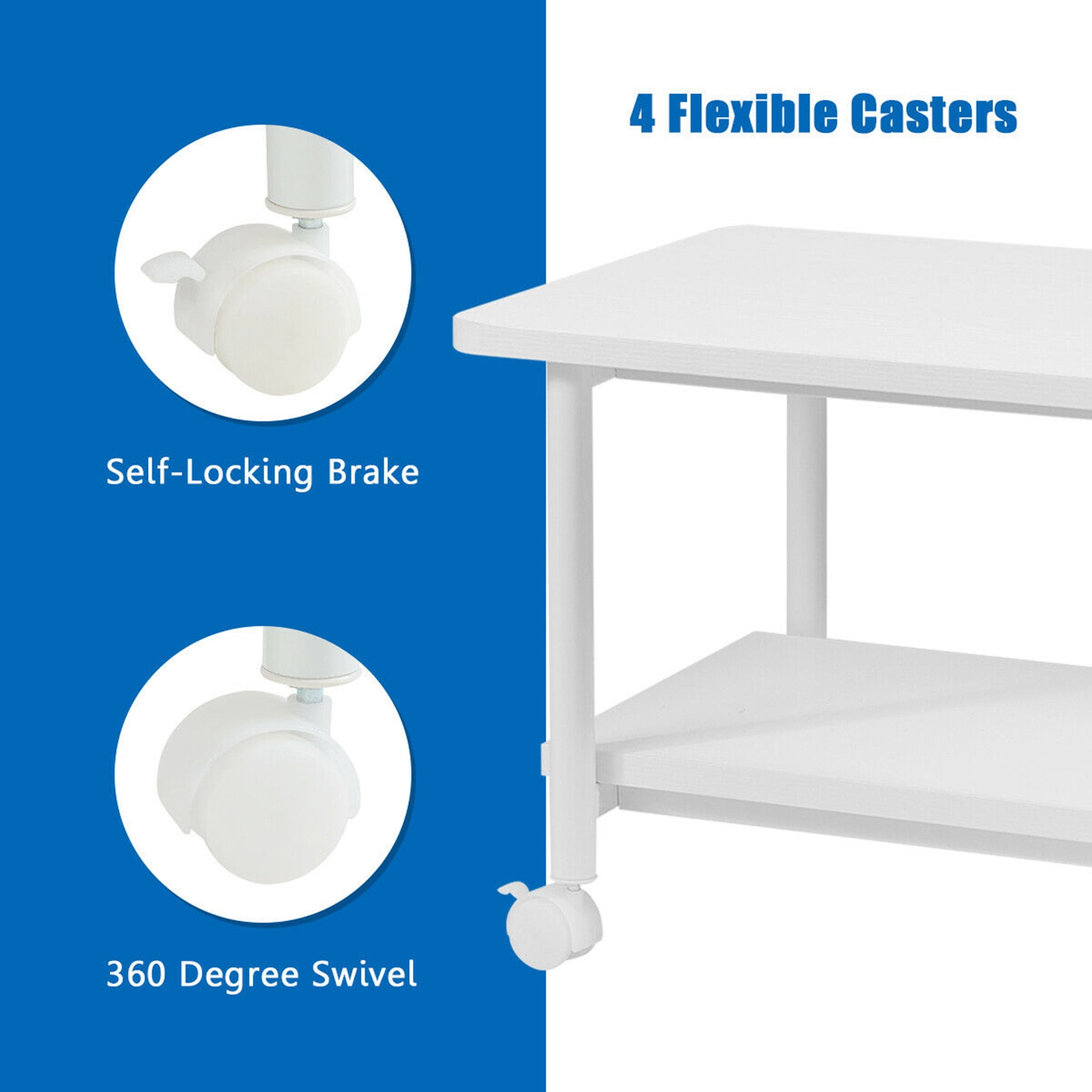 Gymax 2-Tier Machine Stand Storage Rack Rolling Under Desk Printer Cart White
