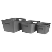 (6 pack) Mainstays Medium Bin, Open Plastic Storage Containers, Versatile Stylish Organizers with Handles, Gray Flannel