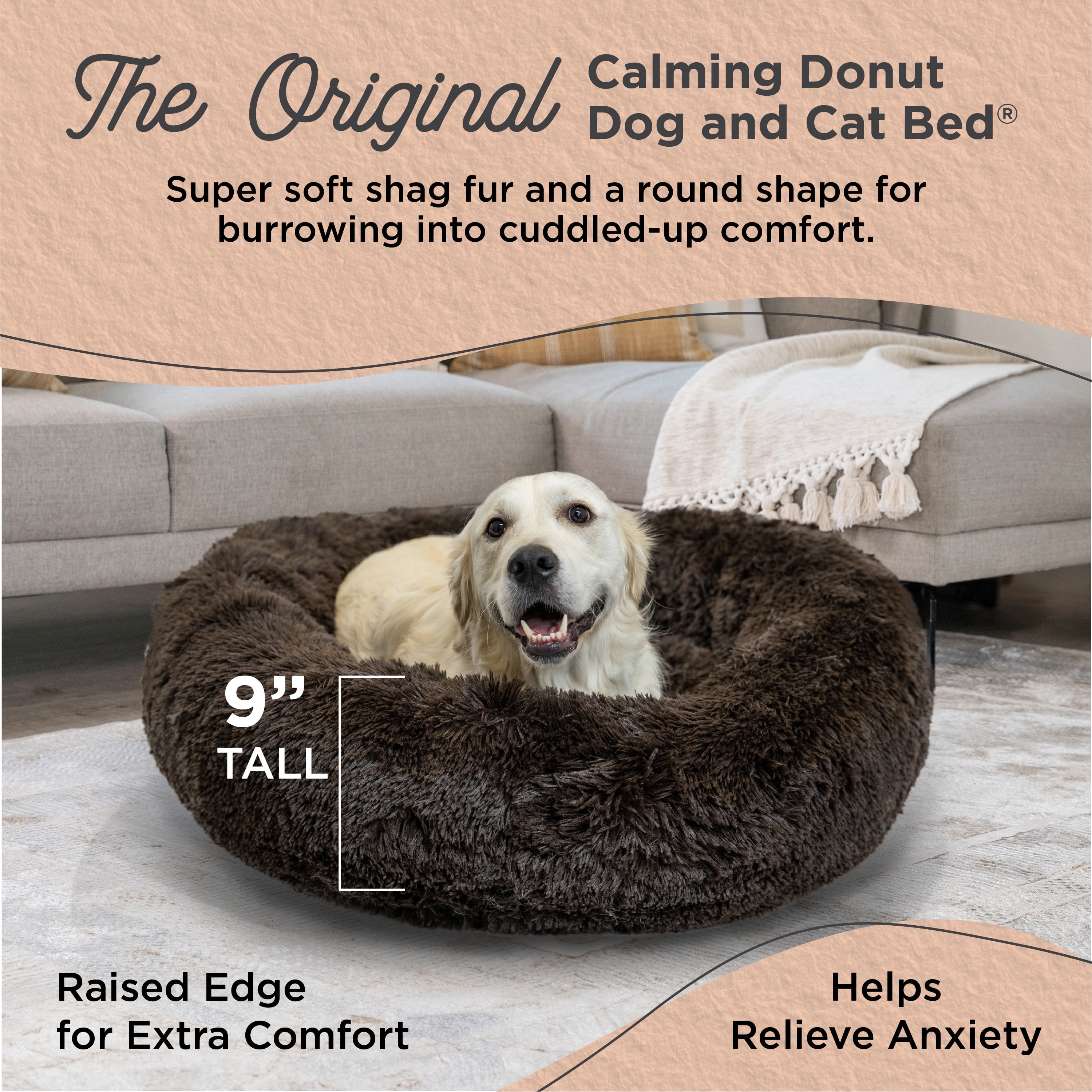 Best Friends by Sheri The Original Calming Donut Dog Bed – Washable Plush Pet Bed for Large Breeds up to 100 lbs, Shag Faux Fur, Dark Chocolate, Large (36" x 36")