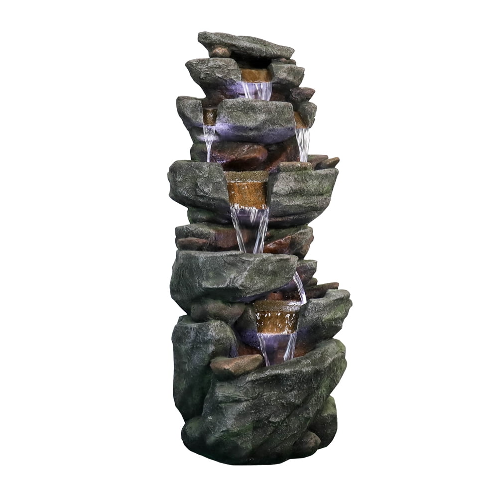 6-tier Outdoor Water Fountain with LED Light - 40.6" High Waterfall Fountain for Garden and Patio