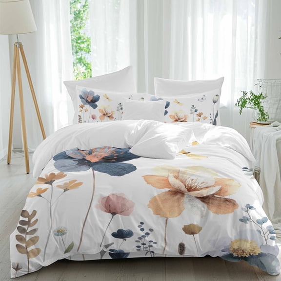 Blue Yellow Flower Queen Size Comforter Set, Spring Country Yellow Blue Floral Dragonfly Bedding for All Seasons, 4 Pcs Bed Set, 1Quiltcover (90"x92") ,1Sheet(94"x116"), 2Pillowcases (30"x20")