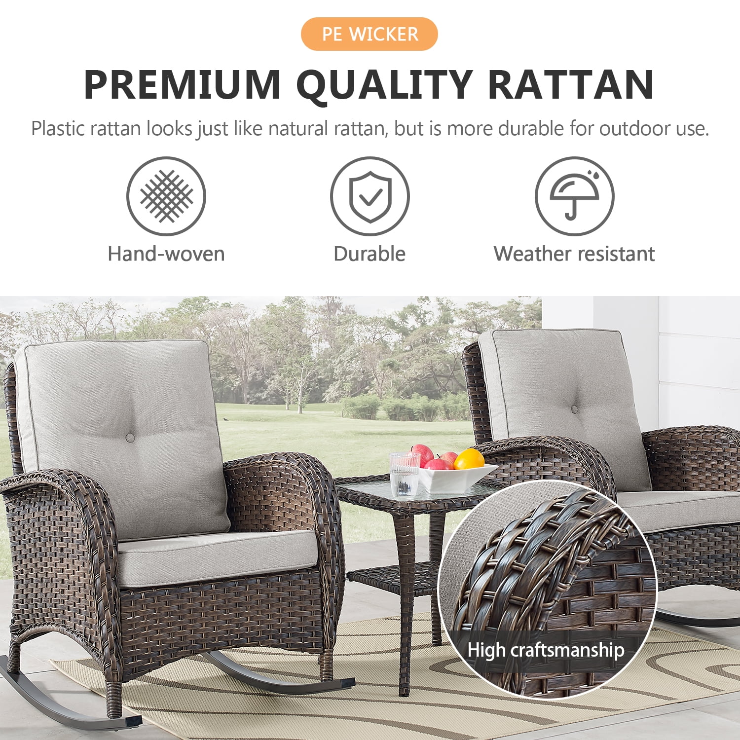 POCASSY L Shaped Patio Furniture Set with Fire Pit, 8 Pieces Outdoor Conversation Set with Ottoman Brown Wicker Patio Sectional Sofa for Deck Garden Pool in Beige