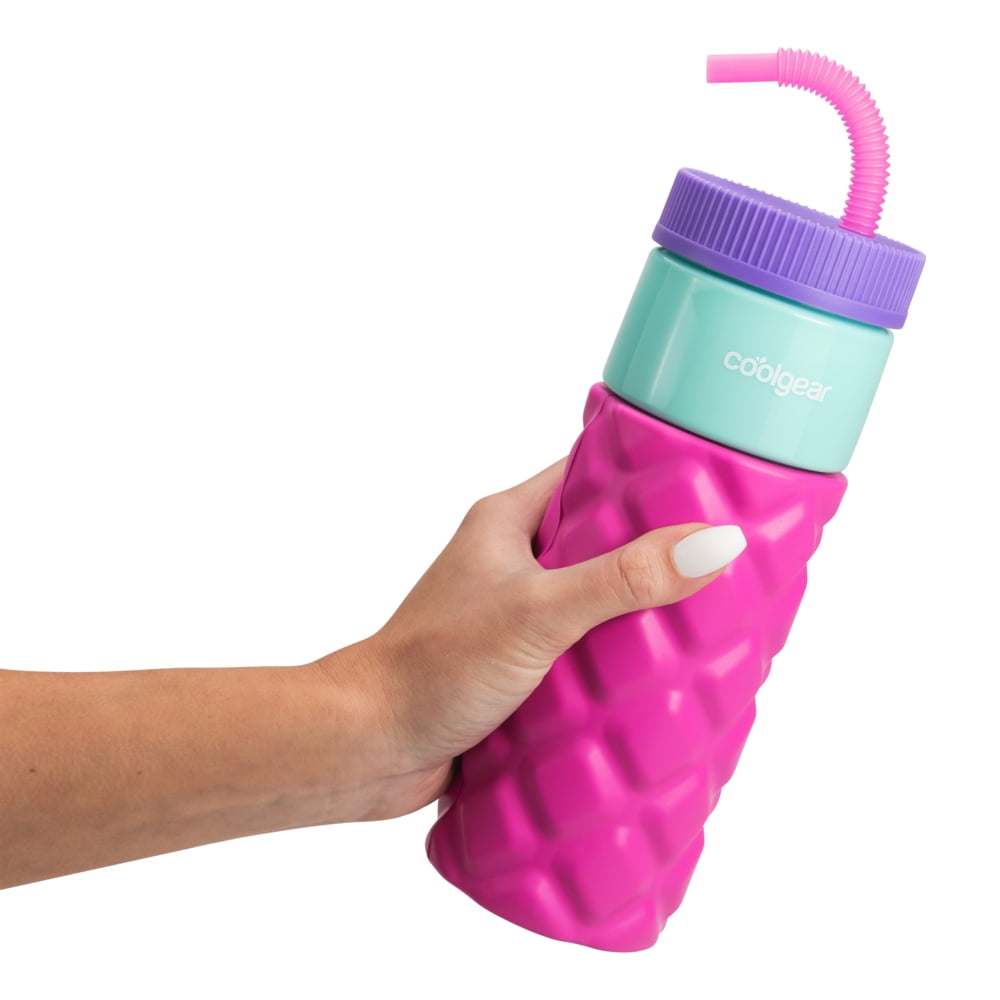 (2 pack) Cool Gear 24oz Plastic Retro Squishy Water Bottle, Quilted Pink with Foam Grip and Resealable Straw