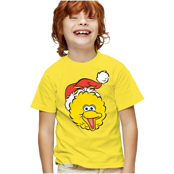 Sesame Street Christmas Santa Hat Big Bird Face Kids T Shirt for Youth Boys and Girls, Yellow, X-Large