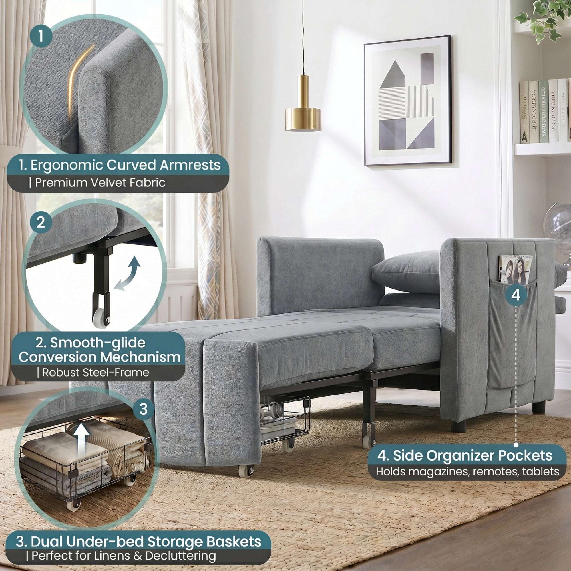 Sailvan 31.5" Convertible Pull Out Sofa Bed, Adjustable Chenille Sleeper Chair with Storage Grey