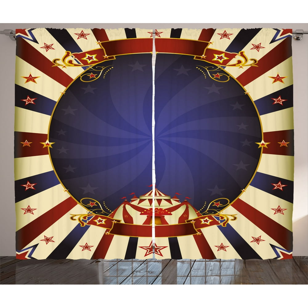 Vintage Curtains 2 Panels Set, Circus Theme Retro Carnival Tent Ribbon