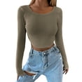 thumbnail image 1 of hirigin Women Long Sleeve Crop Tops Casual Solid Color Knitted Pullover T-shirt Blouse Streetwear Clubwear, 1 of 3
