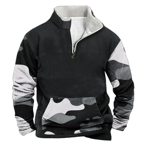 WXLWZYWL Mens Sweatshirt Fleece Lined Camo Pullover V Neck Stand Lapel Zipper Long Sleeve Blouse with Pockets Dressy Winter Warm Sweatshirt