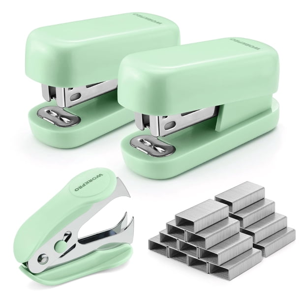 Juego de grapadoras WORKPRO Mini, paquete de 2, color verde con removedor y grapas