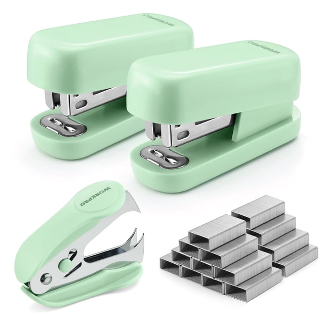 Juego de grapadoras WORKPRO Mini, paquete de 2, color verde con removedor y grapas