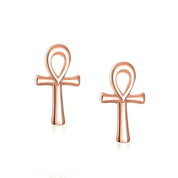 Minimalist Petite Delicate Religious Symbol of Life Egyptian Ankh Cross  Stud Earrings for Women for Men Rose Gold 2.5 Microns Vermeil .925 Sterling 