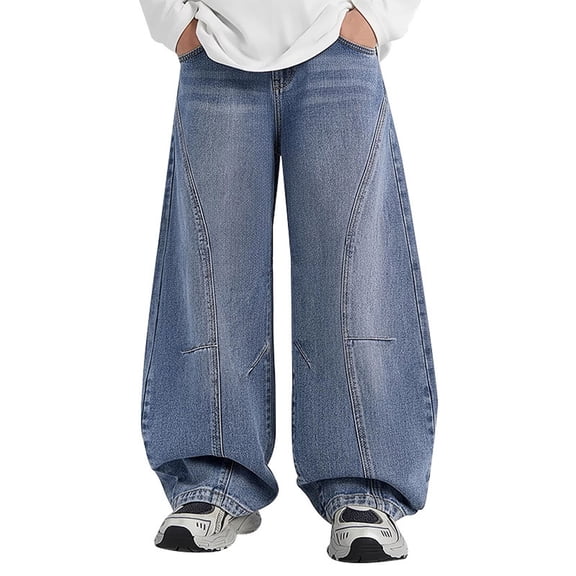 Nilvkv Baggy Jeans Boys, Boys Jeans, Curved Wide Leg Washed Denim in Relaxed Fit with Side Pockets for Vintage Casual Blue 10-11 Years