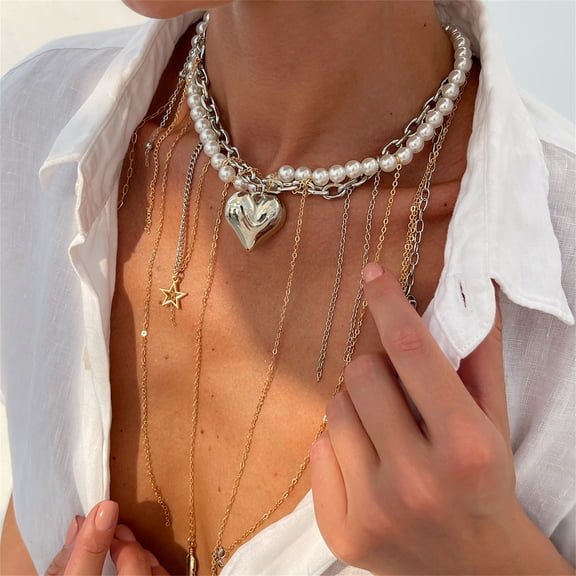 Jewelry For Women Heart Pendant Pearl Necklaces For Women Imitation Pear Winding Choker Star Leaf Cross Tassel Link Pendant Necklace Women Wedding Party Necklace for Women Charm Necklace Adjustable G