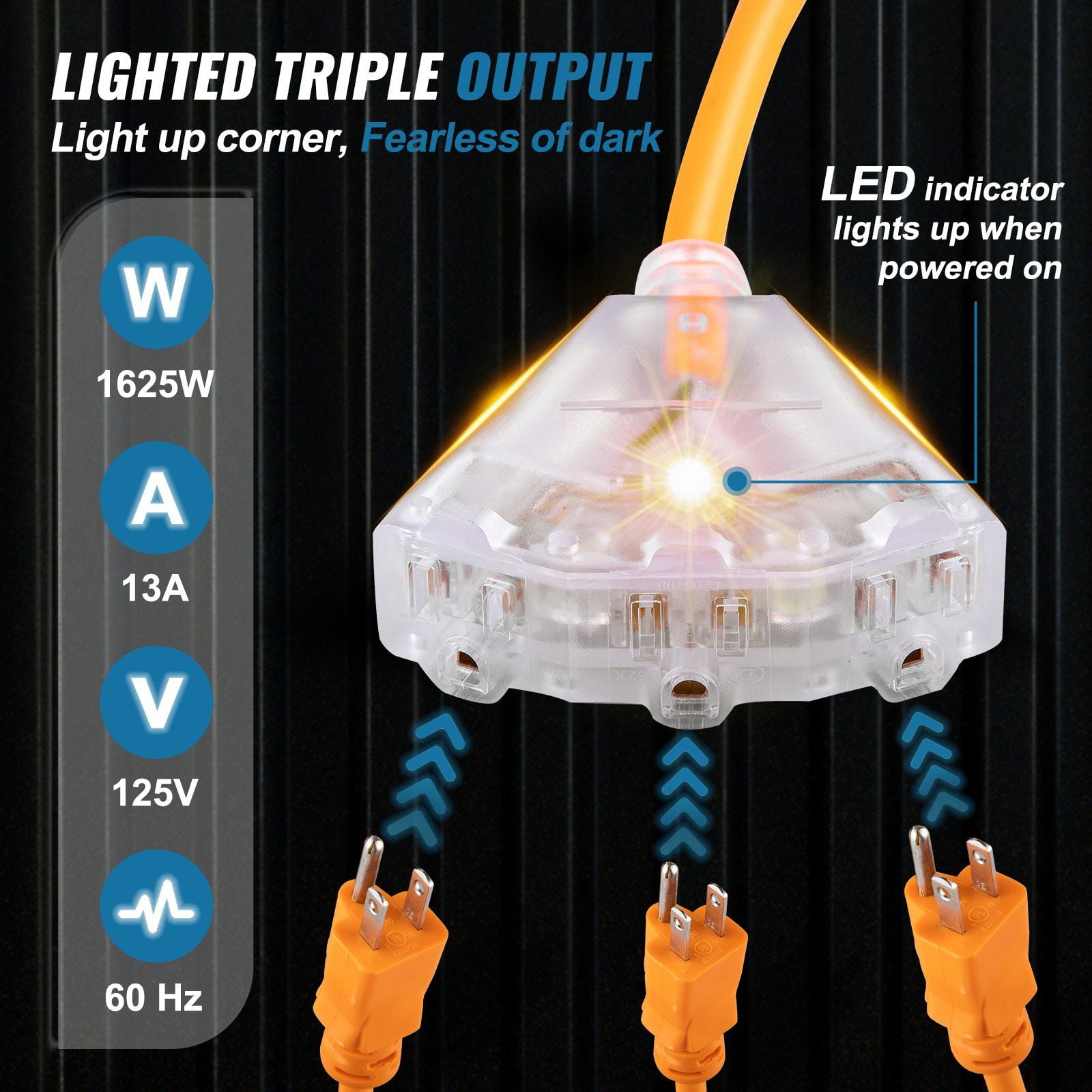 Retractable Extension Cord Reel 50FT 14AWG/3C SJTOW Cable with Lighted Triple Tap, 13A Circuit Breaker, Auto Retract, 180° Swivel Wall/Ceiling Mount, UL Certified, Indoor/Outdoor Power Supply Use