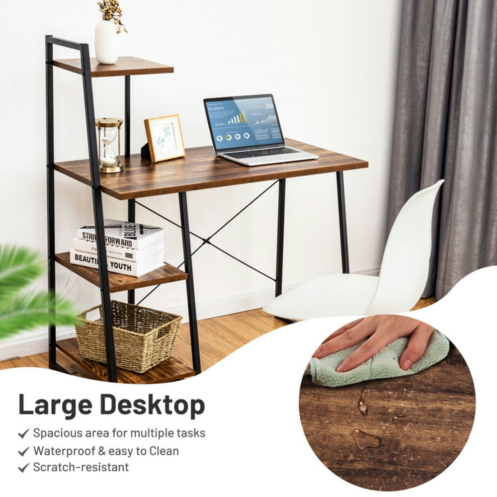 Demi Bonn Compact Computer Desk Workstation with 4 Tier Shelves for Home and Office Desk Study Writing Table, Brown