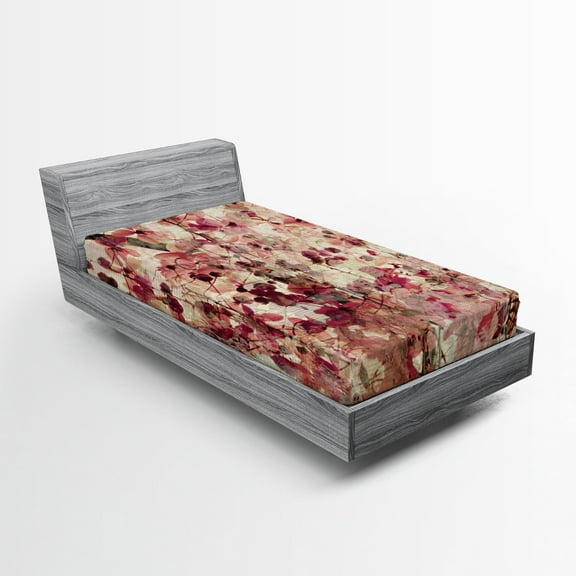 Ambesonne Retro Fitted Sheet, Cherry Blossoms Floral, Twin Size, Beige and Pink