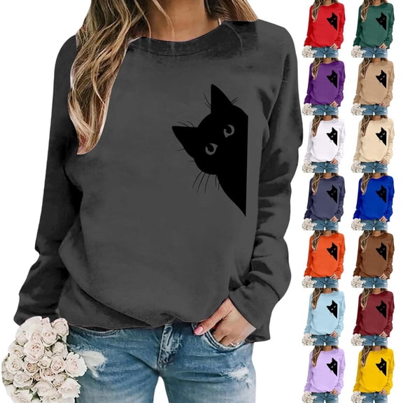 DHFJKG Women's Crewneck Sweatshirt Cute Cat Print Long Sleeve Loose Pullover Tops Casual Fall Clothes