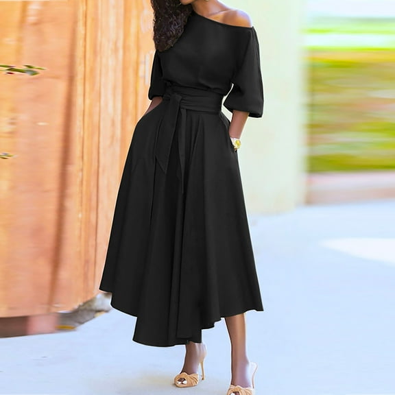 Nuoqisi Women's Asymmetric Neck Tie-Waist Solid Color Dress - Elegant Mini Dress with One-Shoulder Detail