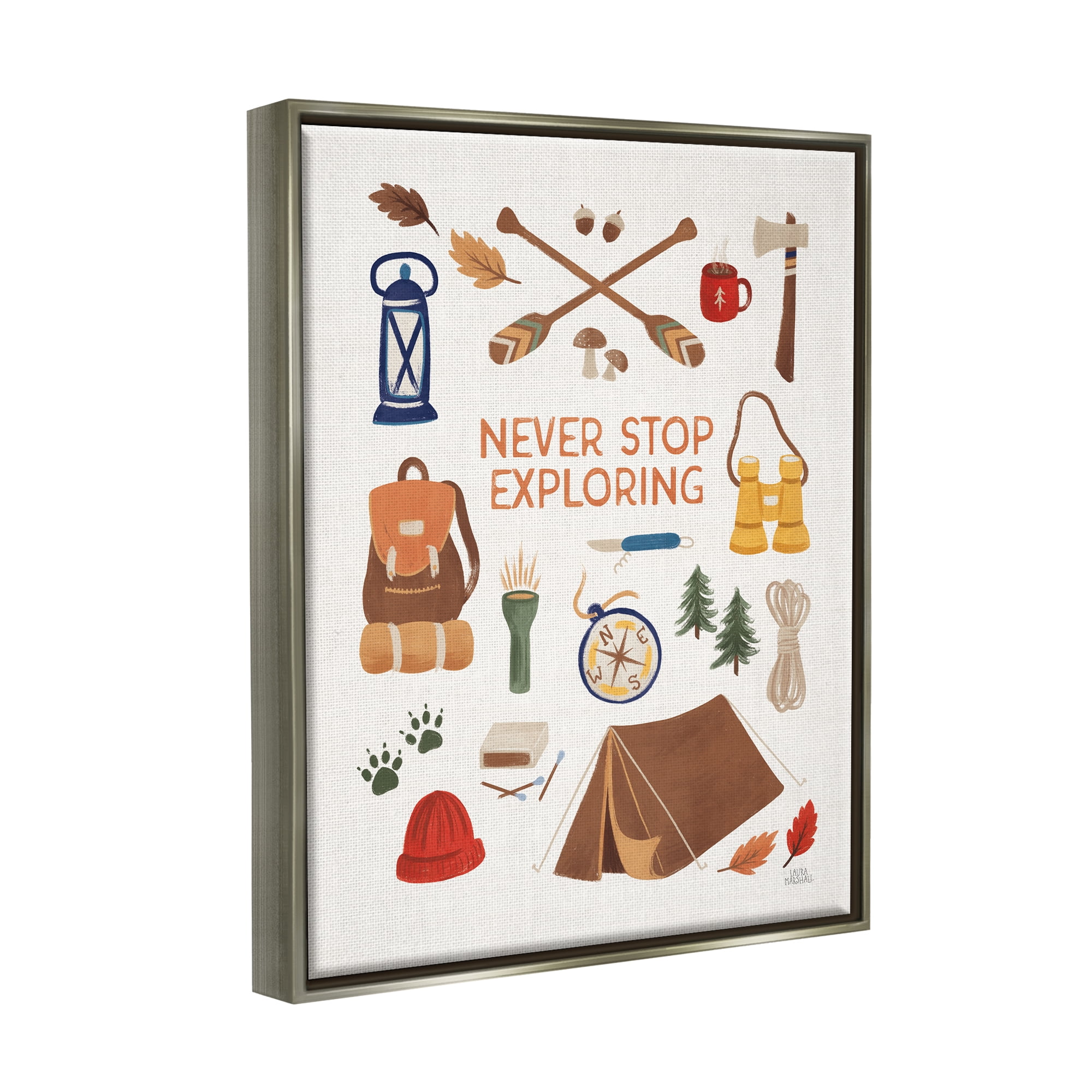 Stupell Industries Never Stop Exploring Phrase Typography Painting Gray Floater Framed Art Print Wall Art, 17 x 21