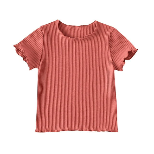 Girls Rib-Knit Short Sleeve Crop Top Crewneck Lettuce Trim Crop Tee Tops Watermelon Red 9-10 Years