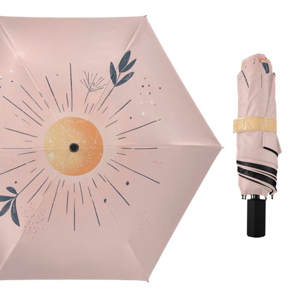 Hand Paint Sun on Pink Compact Sun Umbrella Windproof Travel Umbrellas for Rain Strong Portable UV Protection