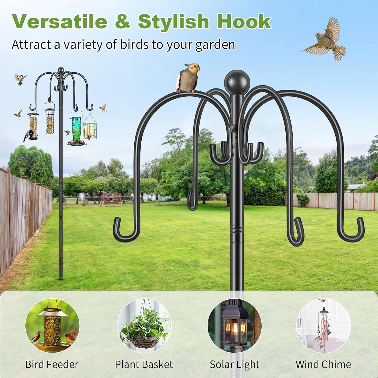 KOLAKO Bird Feeding Station, 88 inch Heavy Duty Bird Feeder Pole, Metal Shepherd Hooks Crook Outdoor Garden, Black