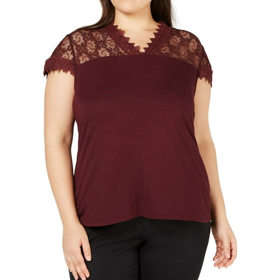 I-N-C Womens Lace-Trim Pullover Blouse, Red, 2X