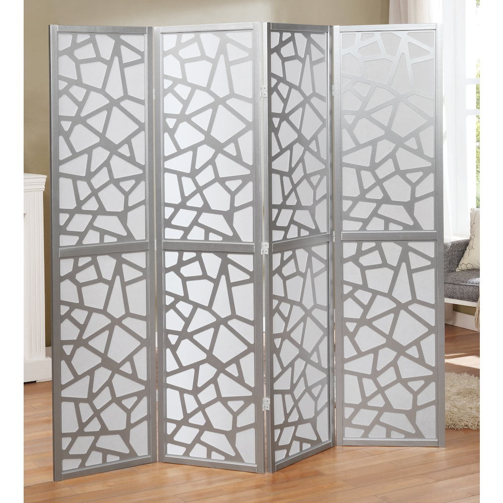 Roundhill Furniture Giyano Rice Paper/Wood 4-Panel Screen Room Divider in Sliver
