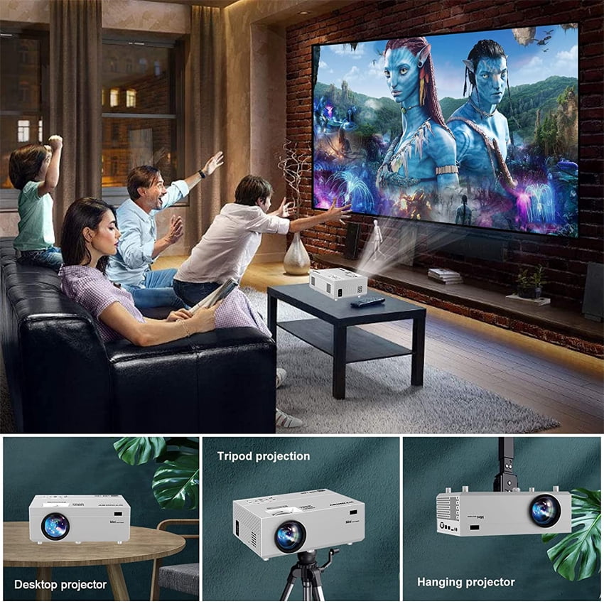 Led Projector 1080P Mini Projector, Portable Home Theater Movie Projector Support 150'' Display, Compatible with TV Stick, PS4, HDMI, VGA, TF, AV and USB -White