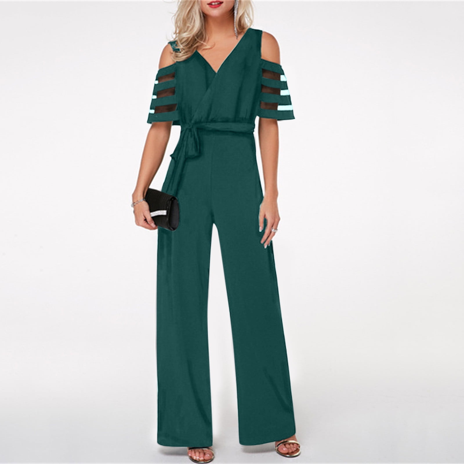 VALMASS Jumpsuits Women Wrap V-Neck Belted Short Sleeve Wide Leg Pants Romper Summer Elegant One Piece Casual Office Outfits, Women's, Size: Small