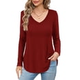 thumbnail image 2 of JYLFC Womens Shirts V Neck Tops Long Sleeve Curved Hem T-shirts, Red M, 2 of 4