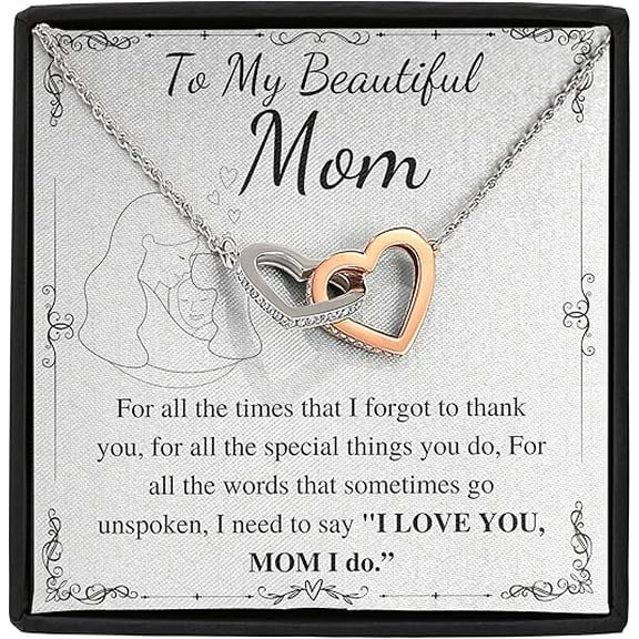 Interlocking Heart Necklace Christmas Gift for Beautiful Mom from daughter and son, Mothers Day Gift for mother, jewelry gift for Mom with personalized message
