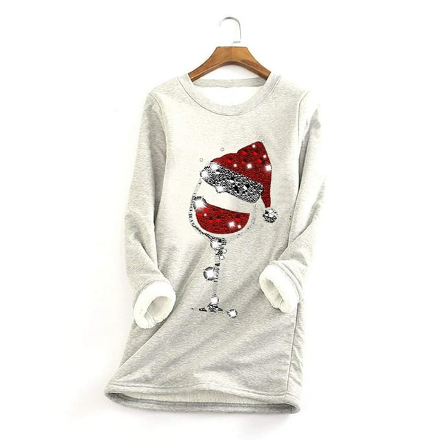 MHFRRA Hauts à Manches Longues pour Femmes Automne et Hiver Noël Rouge Verre Imprimé Col Rond Chandail Manches Longues Plus Velours sous-Vêtements Thermiques Haut TTTG