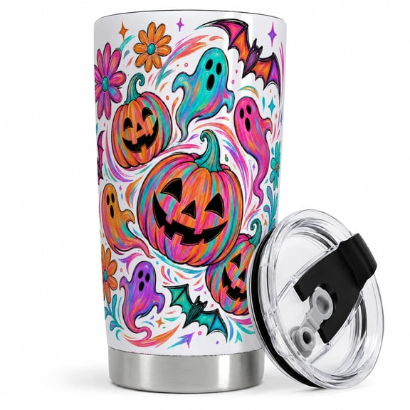 Colorful Ghost Pumpkin 20oz Tumbler, Playful Halloween Drinkware 20oz tumbler with bright jack-o-lanterns, colorful ghosts, bats, flowers, and swirls for everyday drinks