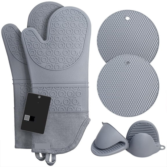 Zeya 6pcs Oven Mitts and Pot Holders Sets for Kitchen, Extra Long Silicone Oven Gloves High Heat Resistant 500 Degrees Non-Slip Potholders Hot Pads for Baking Cooking, Grey