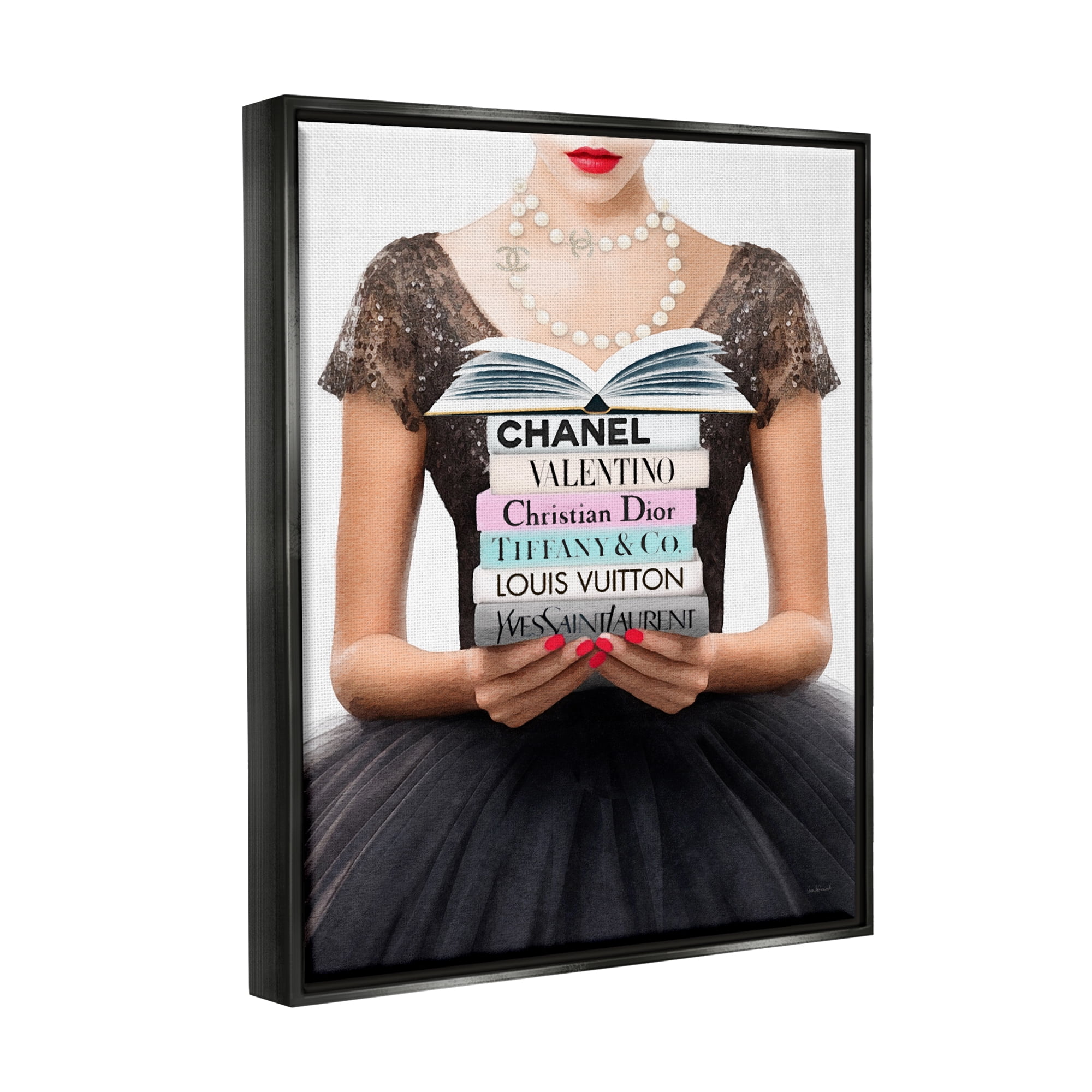Stupell Industries Girl with Fashion Books Beauty & Fashion Painting Black Floater Framed Canvas Art Print Wall Art, 17 x 21