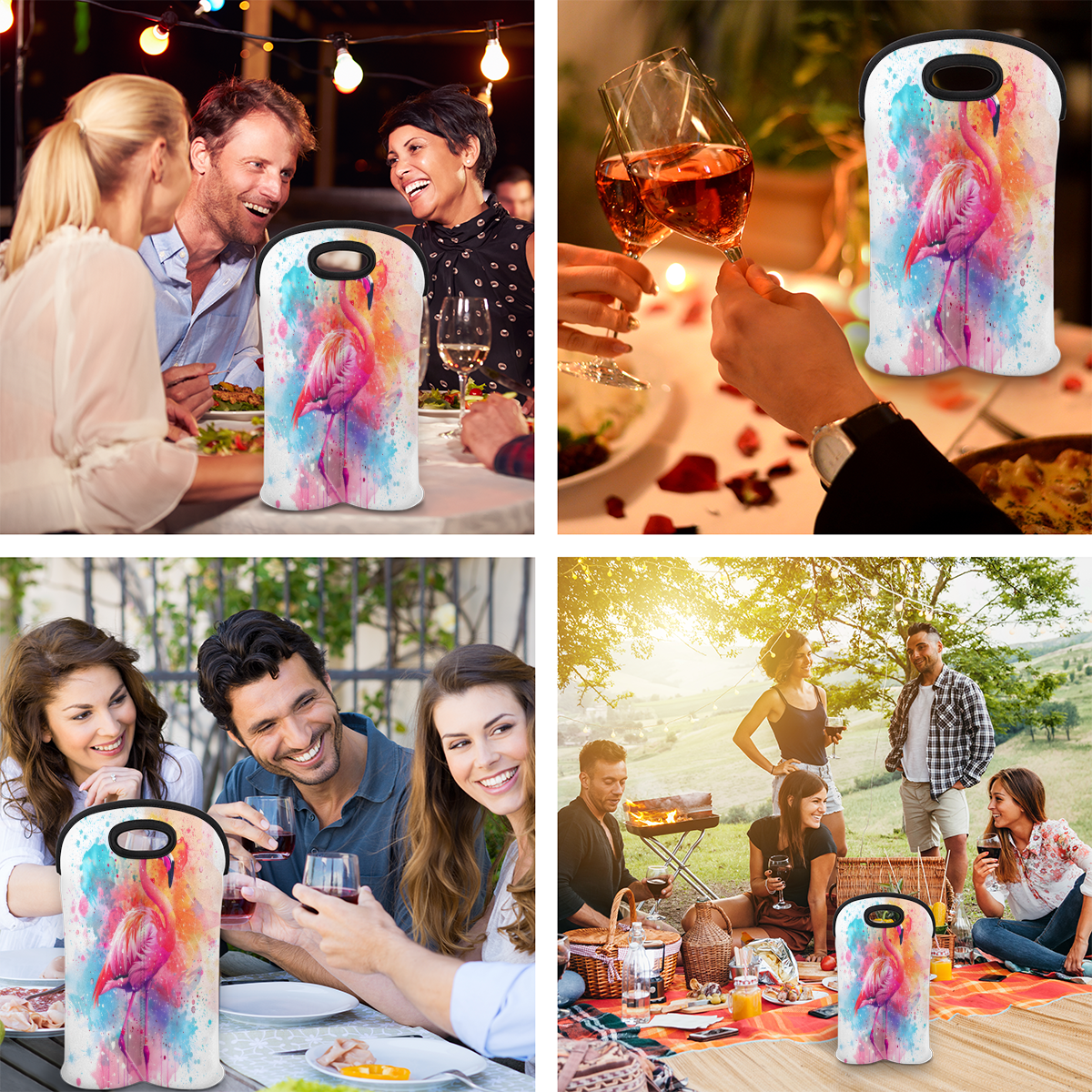 Jiaoprinted Watercolor Flamingo 2-Bottle Neoprene Wine Bag Water Bottle Carry Tote, Reusable Wine Bottle Protective Travel Bag for Women Men, Pink Flamingo
