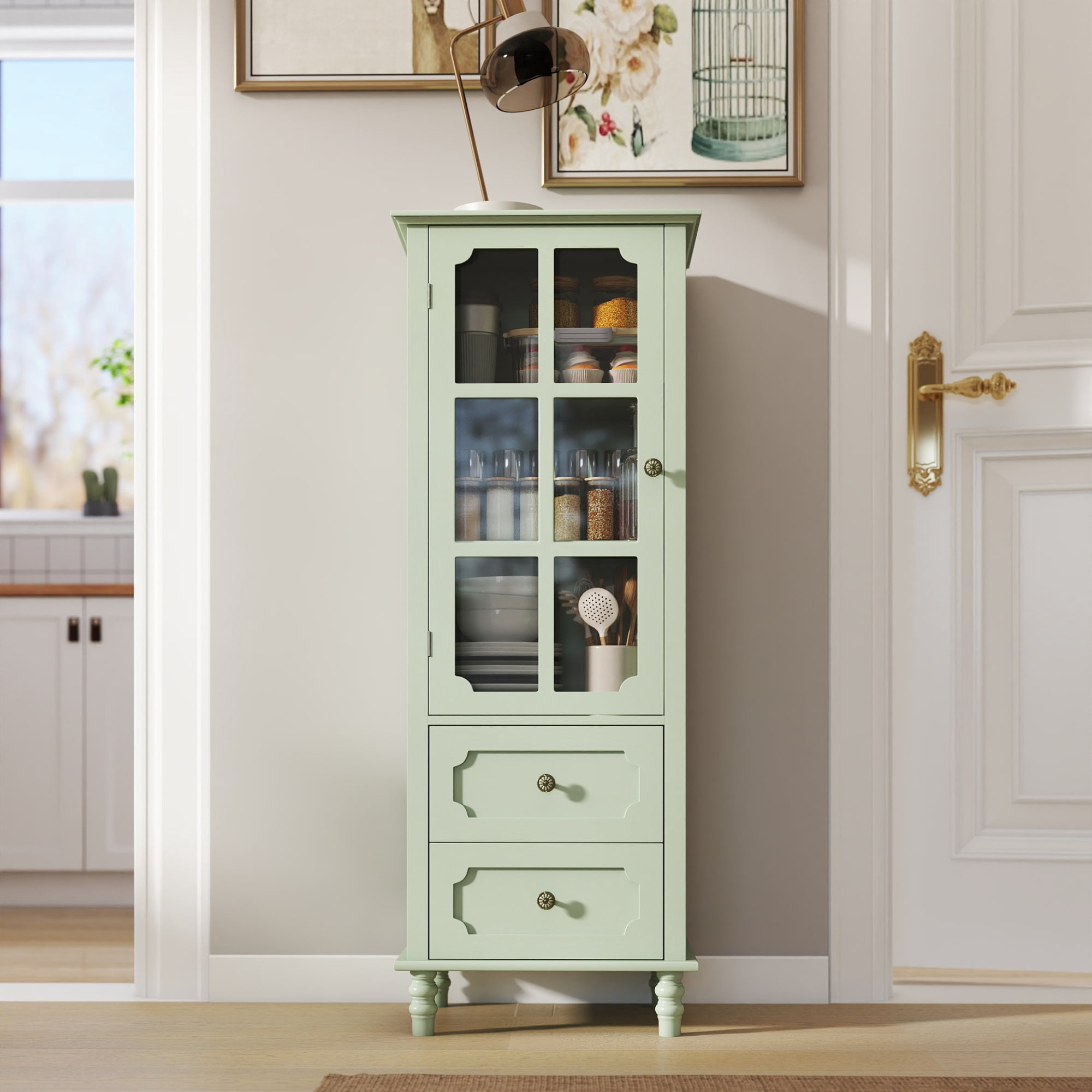 Leumius Minimalism Buffet Cabinet with Glass Doors and Double Drawer, Modern Wooden Storage Sideboard Cupboard for Living room Dining Room Hallway Entryway Green