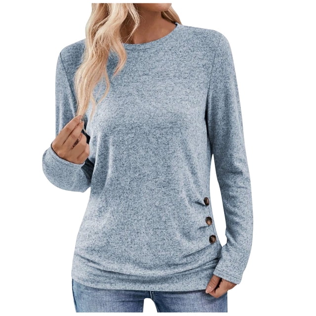 Bowake Tunique Automne Printemps pour Femmes Col Rond Boutons Manches Longues Chemises Basiques Décontractées Blouse Ample pour Sortir