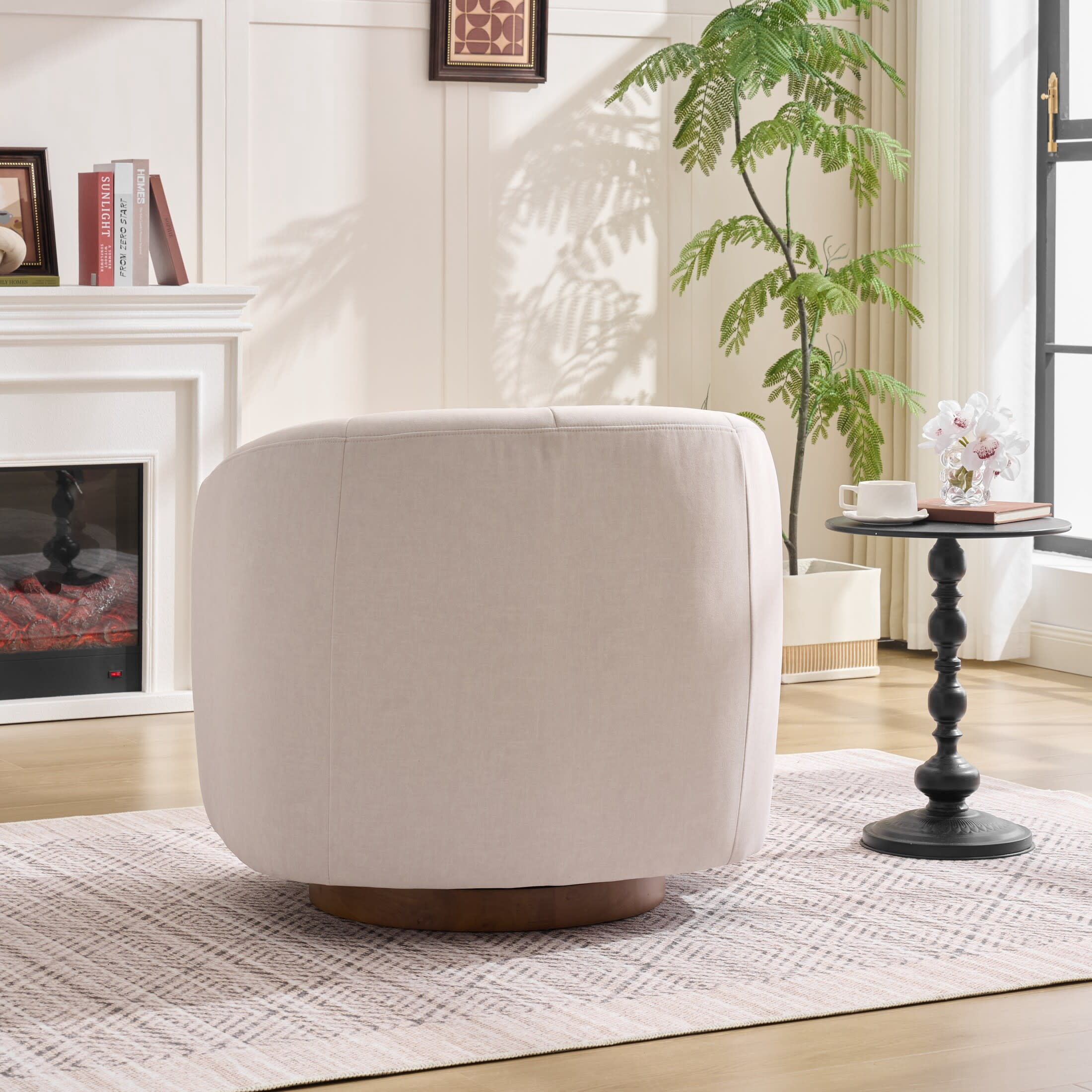 Noble House Swivel Accent Chair with Solid Wood Base, Velvet Upholstered Armchair for Living Room, White