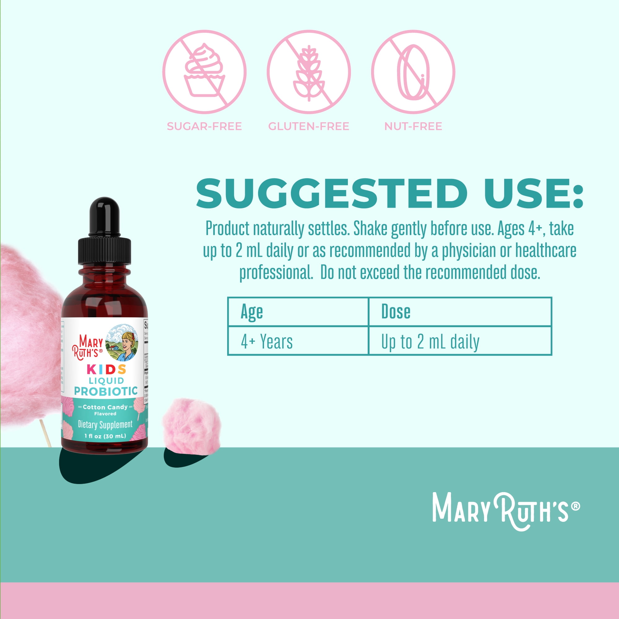 MaryRuth Organics Kids Liquid Probiotic, Gut Health & Immunity, Children's Health, Cotton Candy Flavored, 1 fl oz