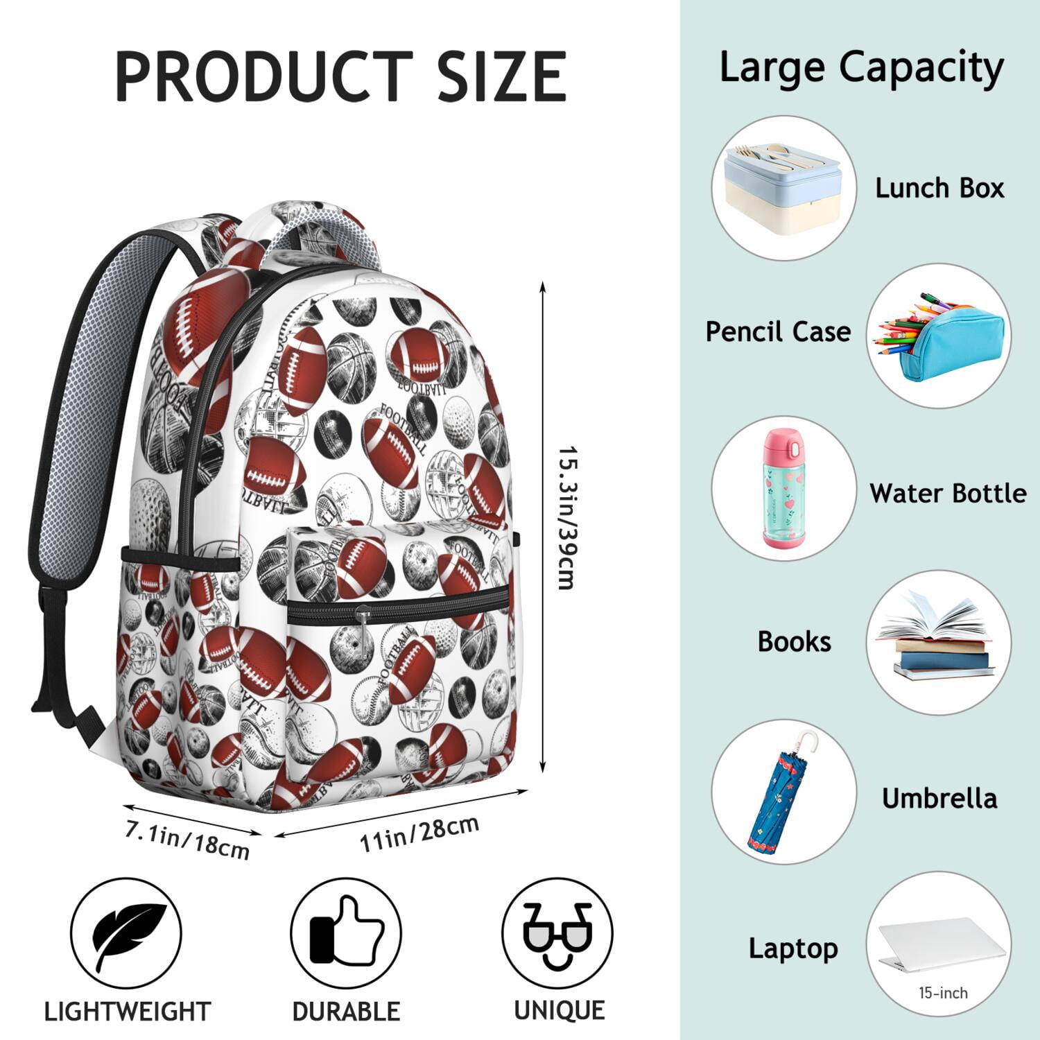 Durable Waterproof Bookbag for Teens - Lightweight Backpack with Padded Straps for Baseball & Soccer