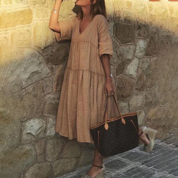 TBWYF Women's Tiered Dress Solid Color And Vneck Midi Dress Khaki M