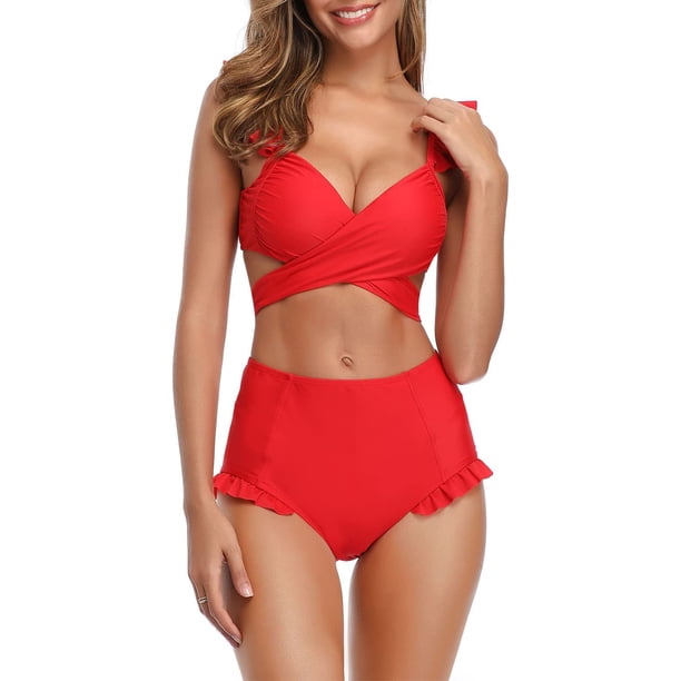 Mujer Trajes de baño de Envoltura Cruzada Bikini de Vendaje con Volantes, con Cintura Alta de Dos Piezas Rosa Roja CH Rosa Roja CH Xishao ropa