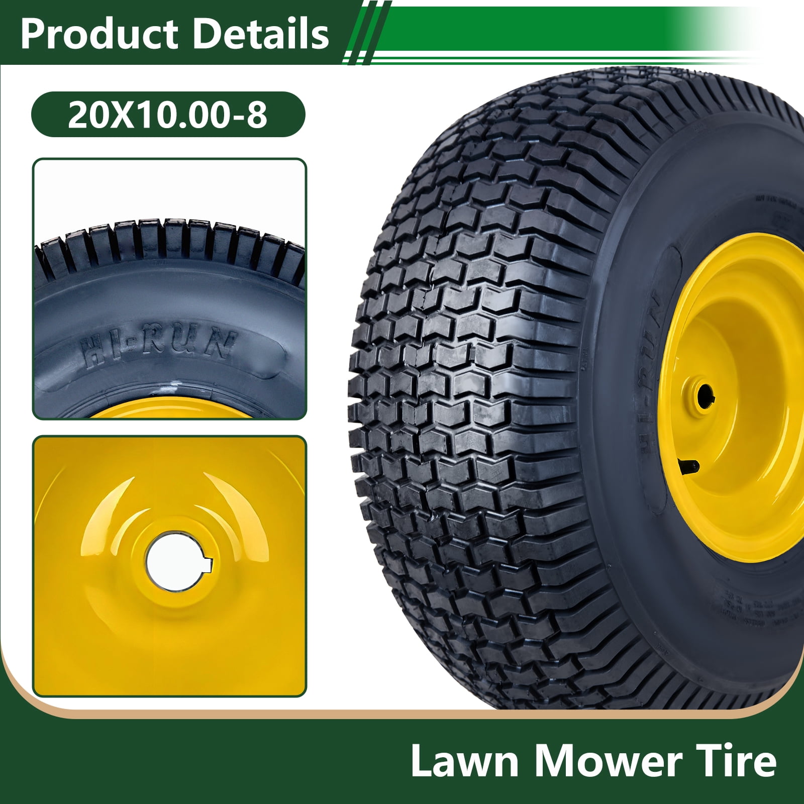 Hi-Run 2 Set SU12 20X10.00-8 2PR Light Duty Lawn and Garden Tires & Wheel Assembly 3/16" Keyway, 3.5" Offset Hub, 3/4" Borehole