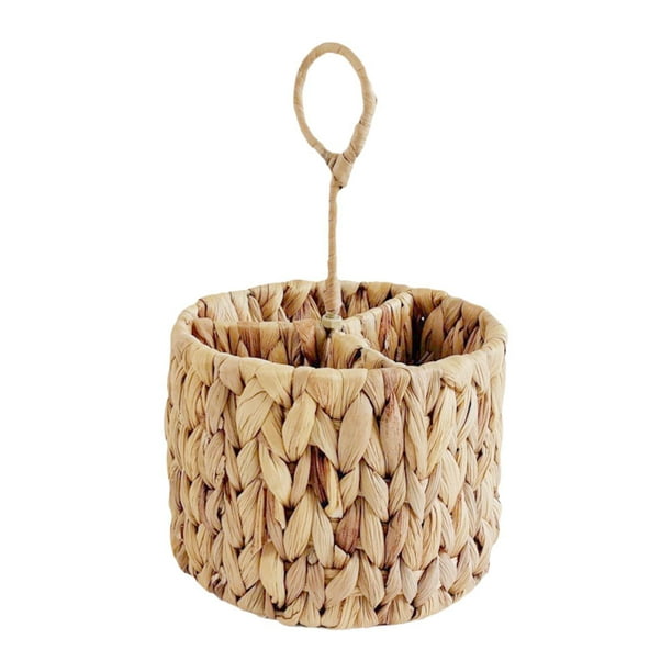 Cesta de mimbre para guardar cubiertos, soporte para cubiertos de de agua, redondo, soporte para utensilios multiusos con divisores para