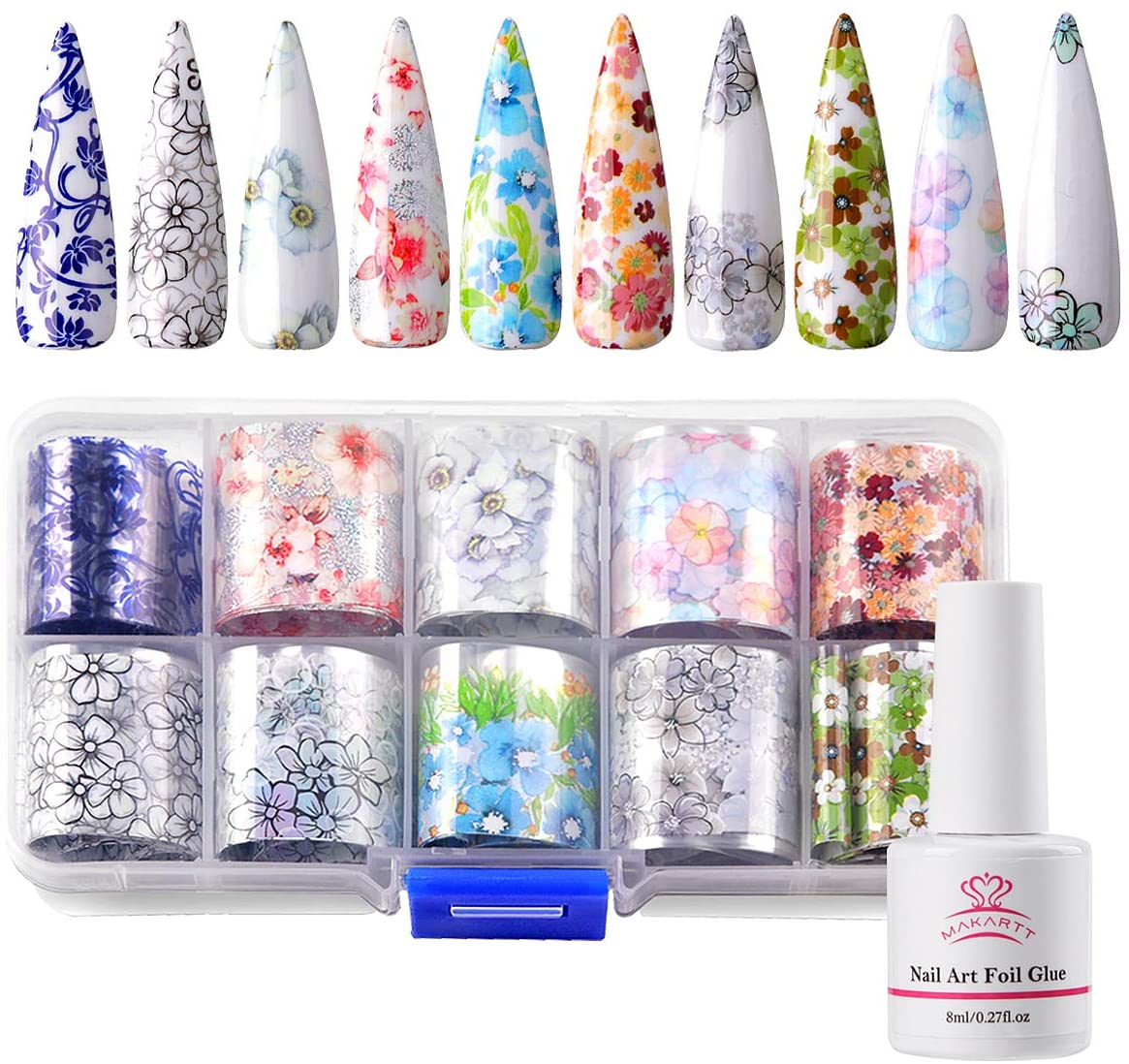 Makartt Nail Foil Glue Gel with 10 Rolls Flower Foil Transfer Stickers Set,Foil Nail Glues Gel Adhesive Nail Foil Decals Nail Design Kit