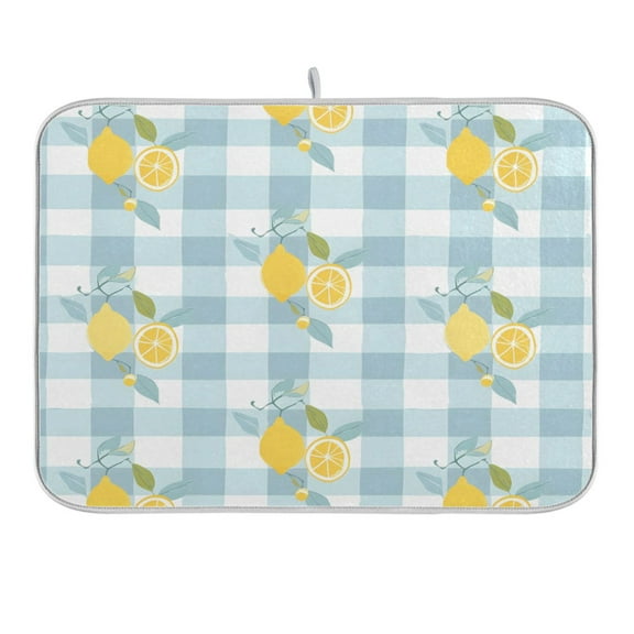 Lemons on Plaid Dish Drying Mat 16x18 Absorbent Microfiber Draining Rack Pad for Kitchen Counter Sink